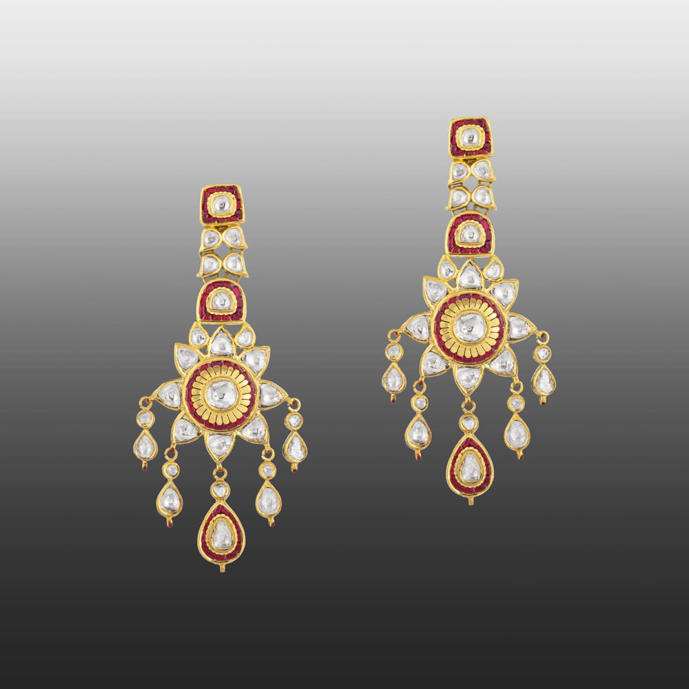Sunburst Polki Earrings with Red Talaf & Teardrop Polkis